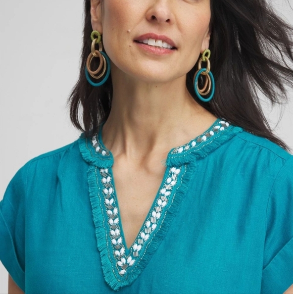 Chico's Peacock Blue 100% Linen w Embellished Neckline Glam Relaxed Short Dress - Picture 15 of 15